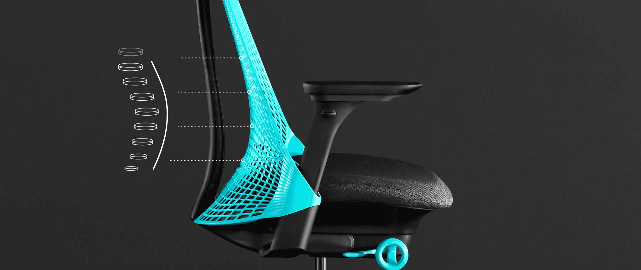 Sidovy av en blå och svart Sayl-gamingstol från Herman Miller, överlagrad med vit grafik som framhäver ryggstödet.