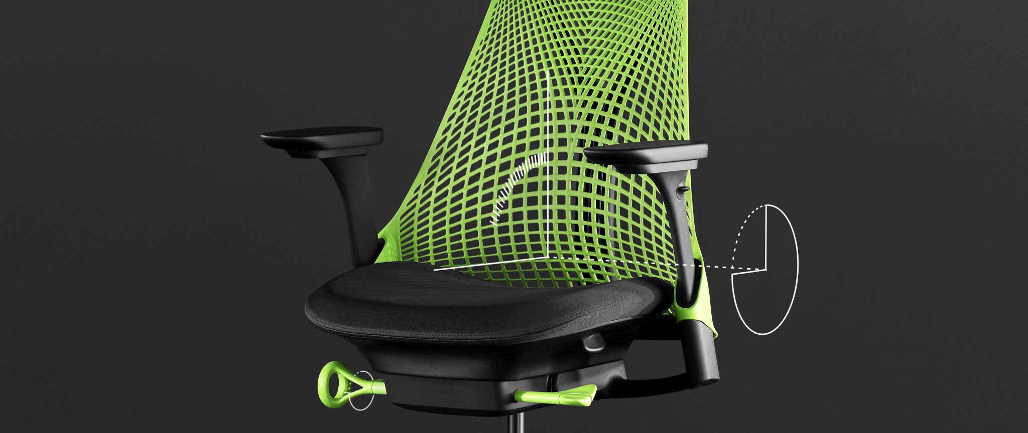 Framifrån på en grön och svart Sayl-gamingstol från Herman Miller, överlagrad med vit grafik som framhäver lutningsfunktionen.