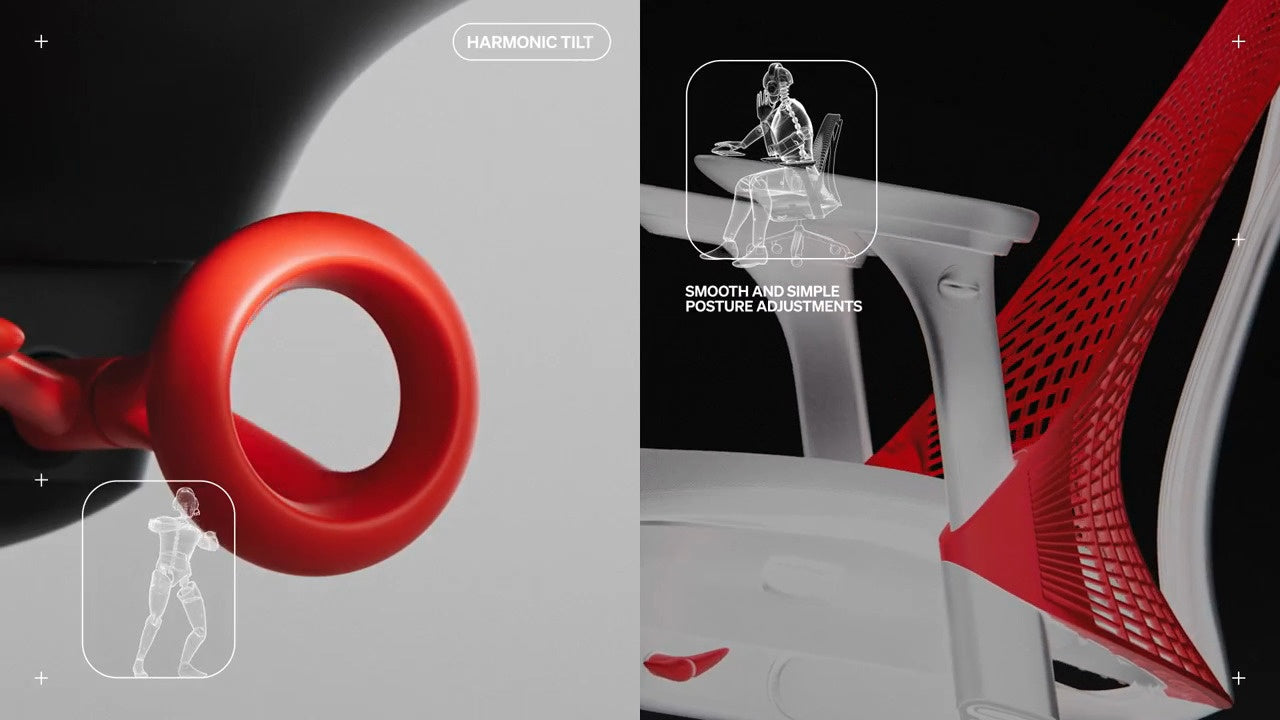 Delad bild, ena sidan närbild av den harmoniska lutningsmekanismen på Sayl-gamingstolen, den andra visar stolen lutad bakåt med texten ”Harmonic tilt 2” och ”Smooth and simple posture adjustments” (Smidig och enkel justering av sittställningen).