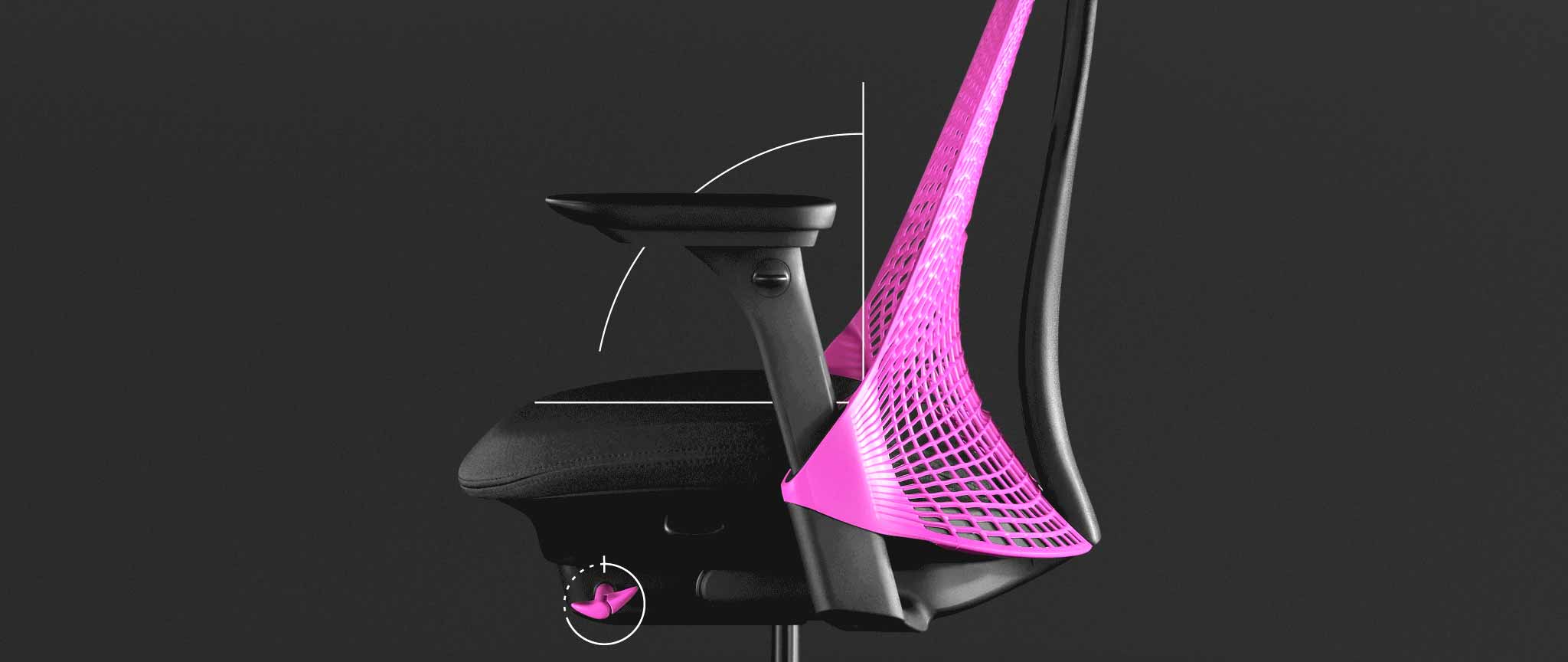 Sidovy av en rosa och svart Sayl-gamingstol från Herman Miller, överlagrad med vit grafik som framhäver den framåtlutade sittvinkeln.