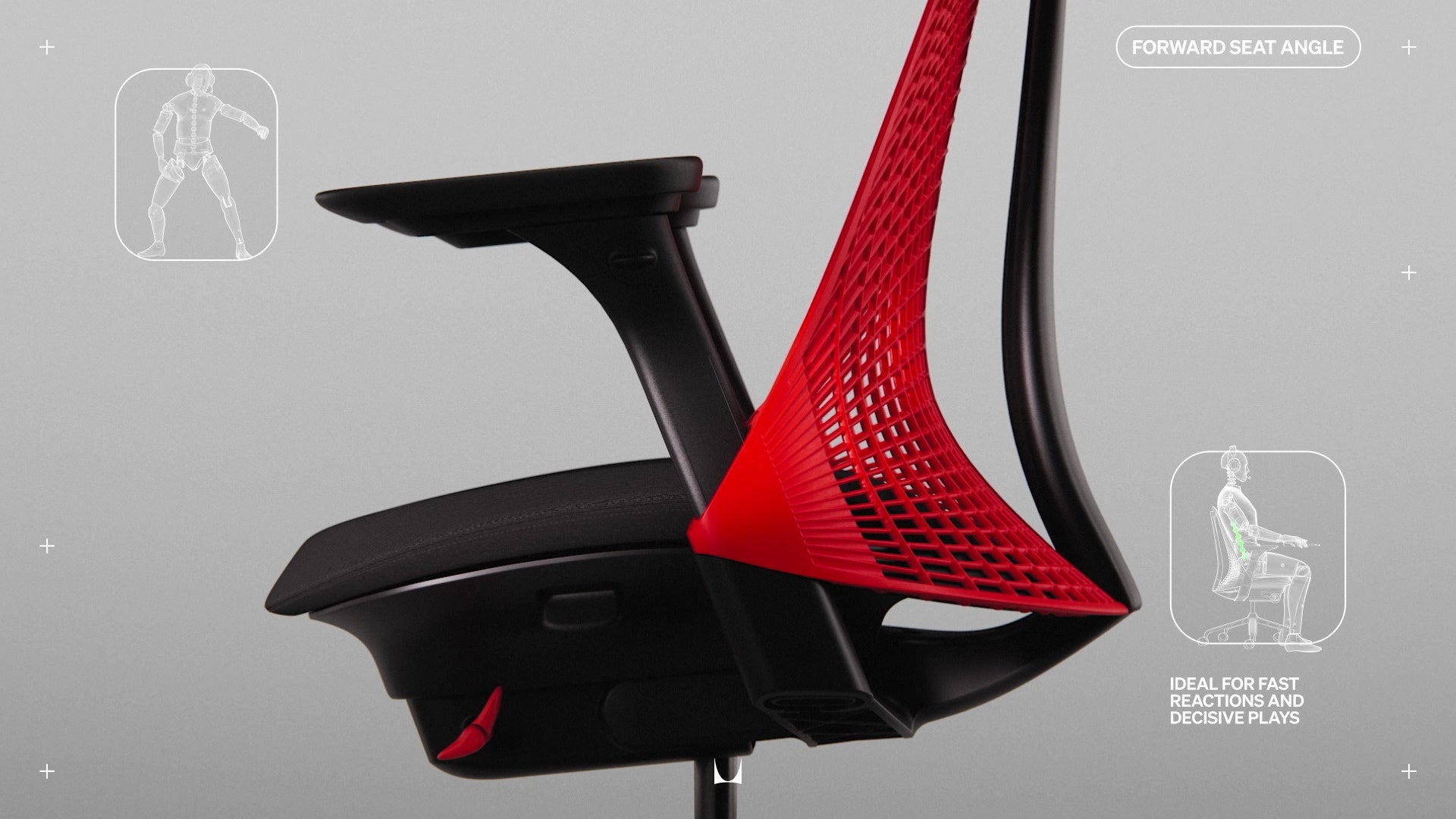 Sidovy av Sayl-gamingstolen som visar alla justeringsmekanismer med små linjeteckningar med texten ”Forward seat Angle” (Framåtlutad sitsvinkel) och ”Ideal fast reaction and decisive plays” (Idealisk snabb reaktion och beslutsamma spel).