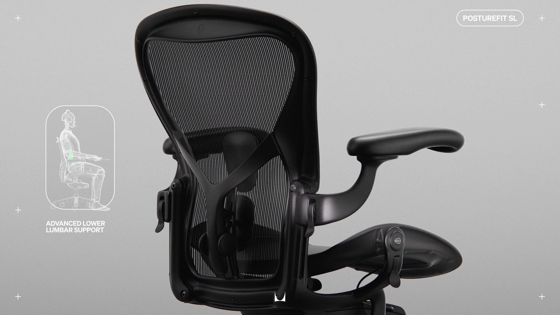 Bakifrån sett på Aeron gamingstol med linjeteckning av en person sittande i stolen med texten ”Avancerat stöd för nedre delen av ryggraden” och ”Posturefit SL”.