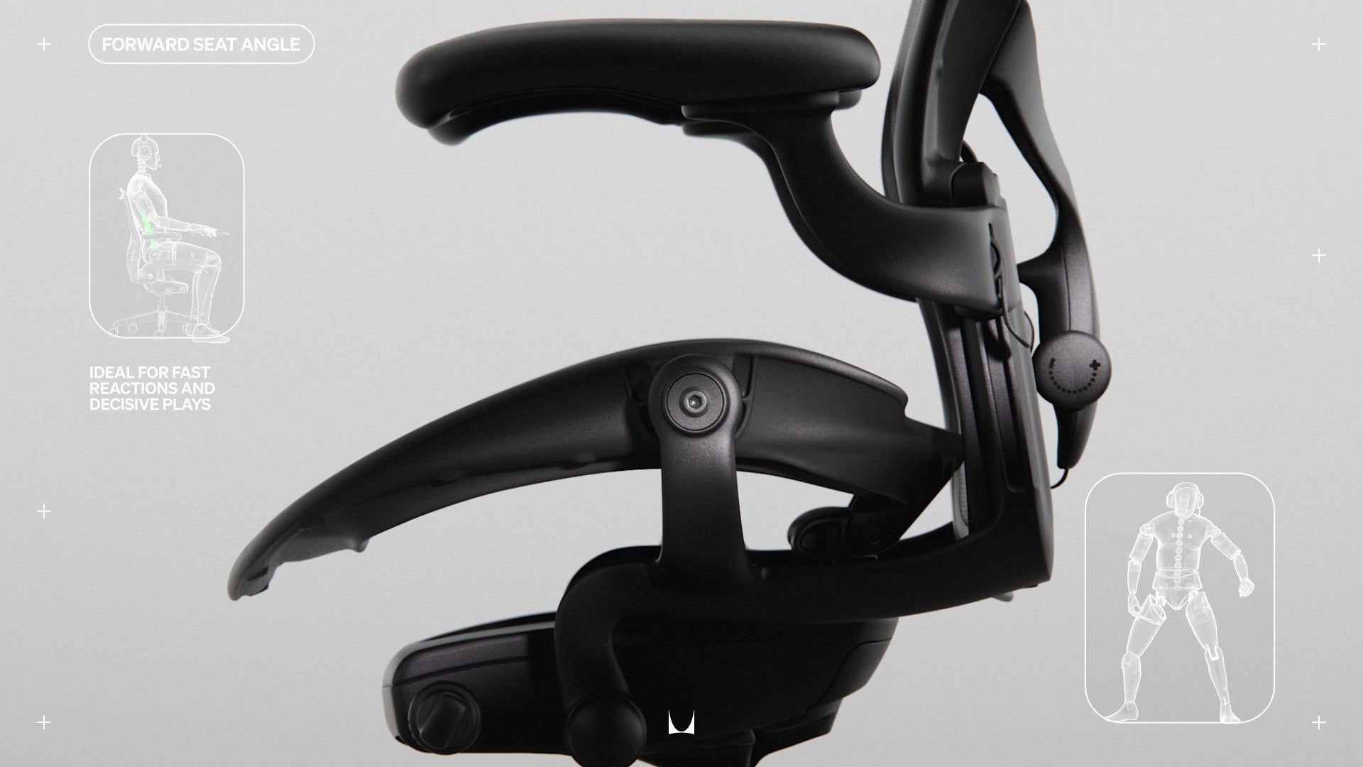 Sidovy av Aeron-gamingstolen som visar alla justeringsmekanismer med små streckteckningar och texten ”Framåtlutad sittvinkel” och ”Idealisk snabb reaktionsförmåga och beslutsamma spel”.