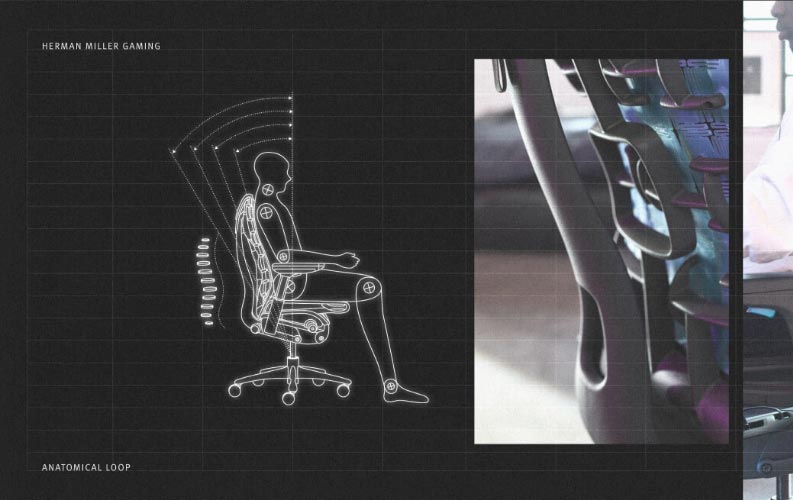 Mekanisk diagram över en person i sittande ställning, bredvid två bilder av någon som sitter i Embody-spelstol i vitt och galaxblått