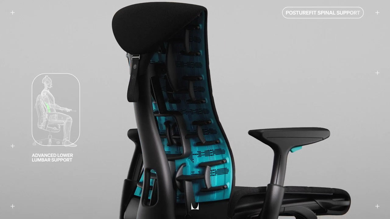 Från sidan sett av Logitech Embody gamingstol i svart och cyan, överlagrad med en liten linjeteckning av stolen med konturerna av en sittande person och texten ”avancerat nedre ryggstöd” till vänster och ”Posturefit ryggstöd” uppe till höger i bilden
