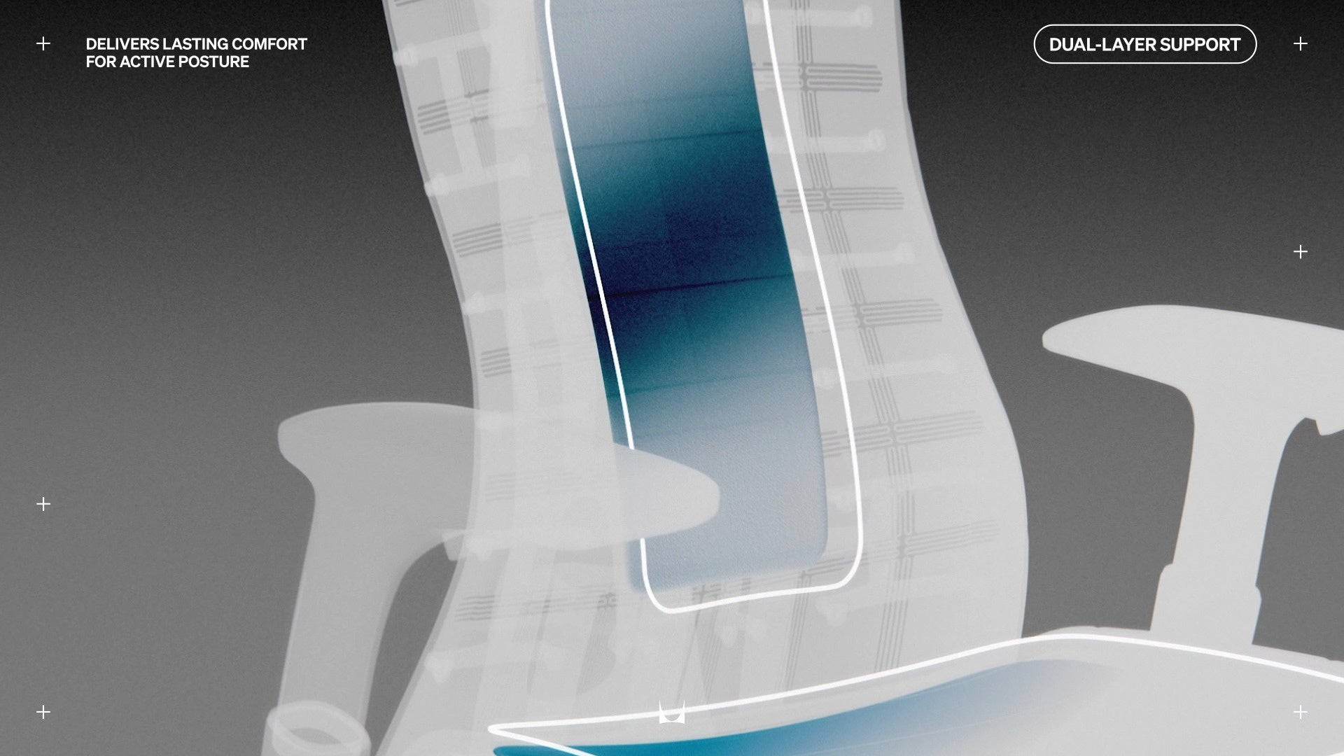 Cool termisk bild av Embody-spelstolen framifrån, överlagrad med en linjeteckning runt mitten av ryggstödet och sitsen, med texten ”Dual Layer Support” längst upp till höger och ”Delivers lasting comfort for active posture” längst upp till vänster