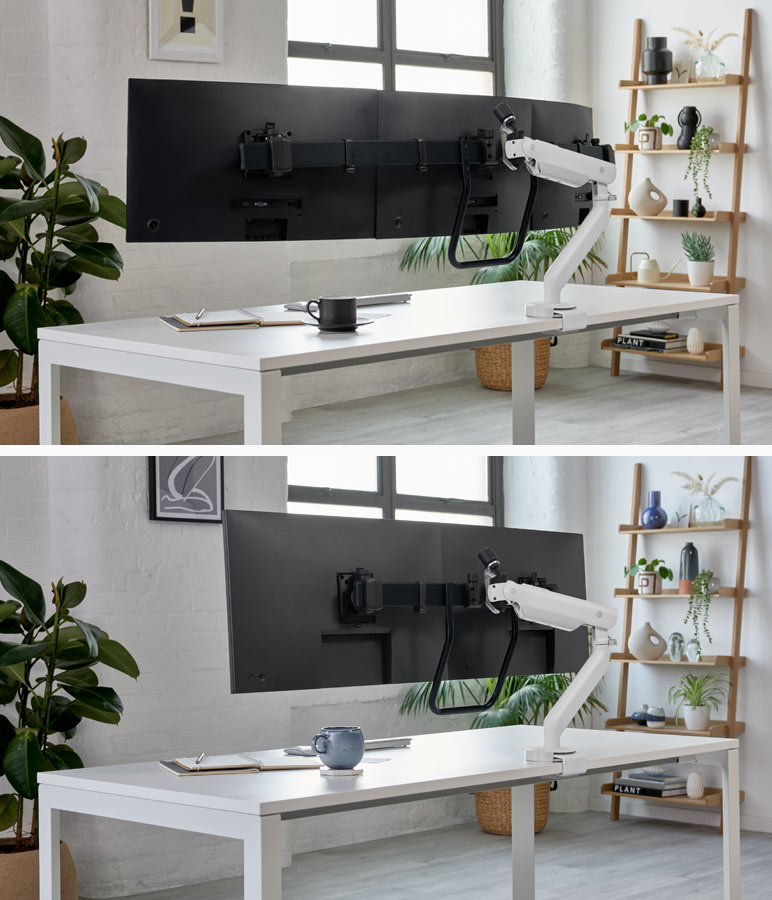 En collage av två bilder med vita Flo X-monitorarmar från CBS, en med två skärmar och en med tre skärmar. Placerade i ett hemmakontor med vita tegelväggar, trähyllor och inomhusväxter.