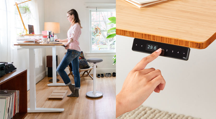 Collage som visar en kvinna som står vid ett Jarvis sit-stand-skrivbord i ett ljust hemmakontor samt en närbild av skrivbordets programmerbara justering som används.