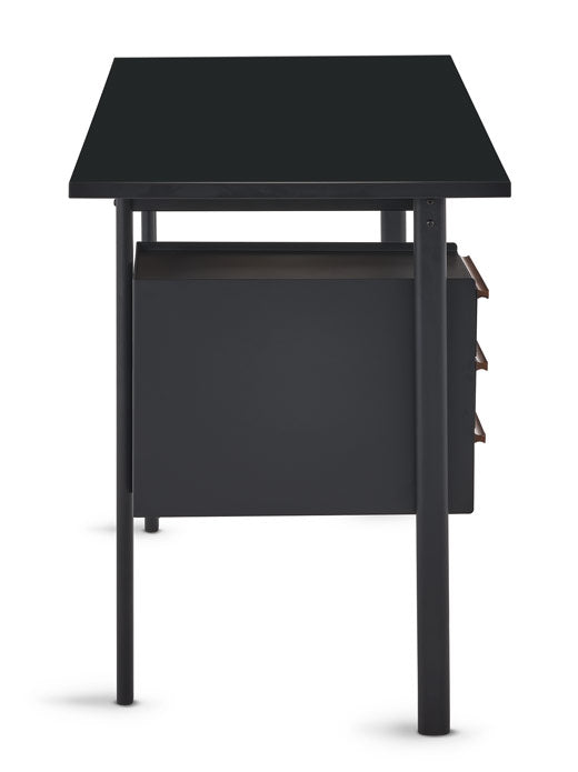 Sidovy av ett svart Mode-skrivbord från Herman Miller, som visar den kompakta och slanka designen.