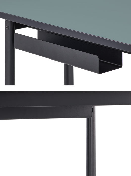 Bakifrån på ett Mode-skrivbord från Herman Miller, som visar den inbyggda kabelhanteringen.