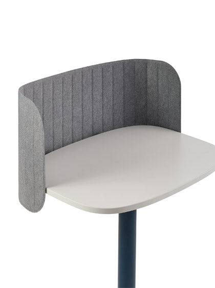 Närbild av en grå avskärmning som omsluter ett vitt och blått Passport-bord från Herman Miller.