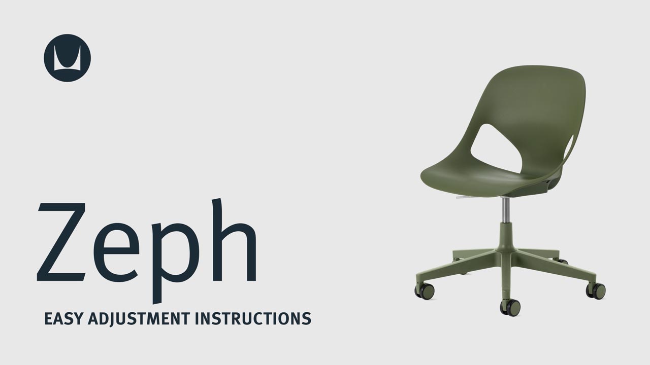 En video som visar de tekniska justeringsfunktionerna hos en Herman Miller Zeph-kontorsstol, inklusive sitthöjd.