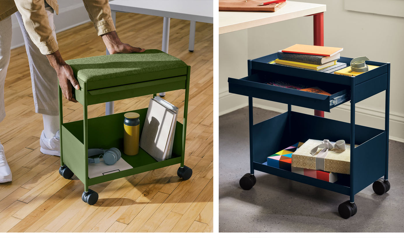 En collage av två bilder. Den första visar en person som skjuter en grön OE1-vagn från Herman Miller, med en vattenflaska, hörlurar och en stapel papper. Den andra visar en blå OE1-vagn från Herman Miller med ett antal böcker, anteckningsblock och andra kontorsartiklar.