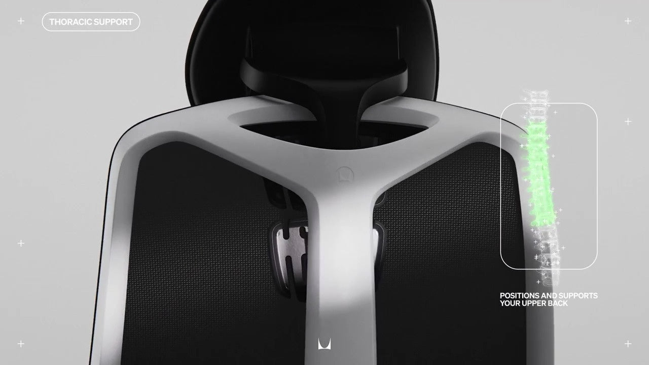 Sidovy av Vantum gamingstol med huvudstöd med liten streckteckning av ryggraden med texten ”Positions and supports your upper back” (positionerar och stöder övre delen av ryggen) och ”Thoracic support” (bröstkorgsstöd).