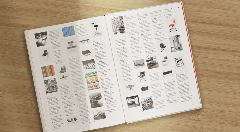 Ovanifrånvy av en öppen Herman Miller - A Way of Living Book. Sidorna visar små bilder av klassiska och innovativa produkter från Herman Miller.