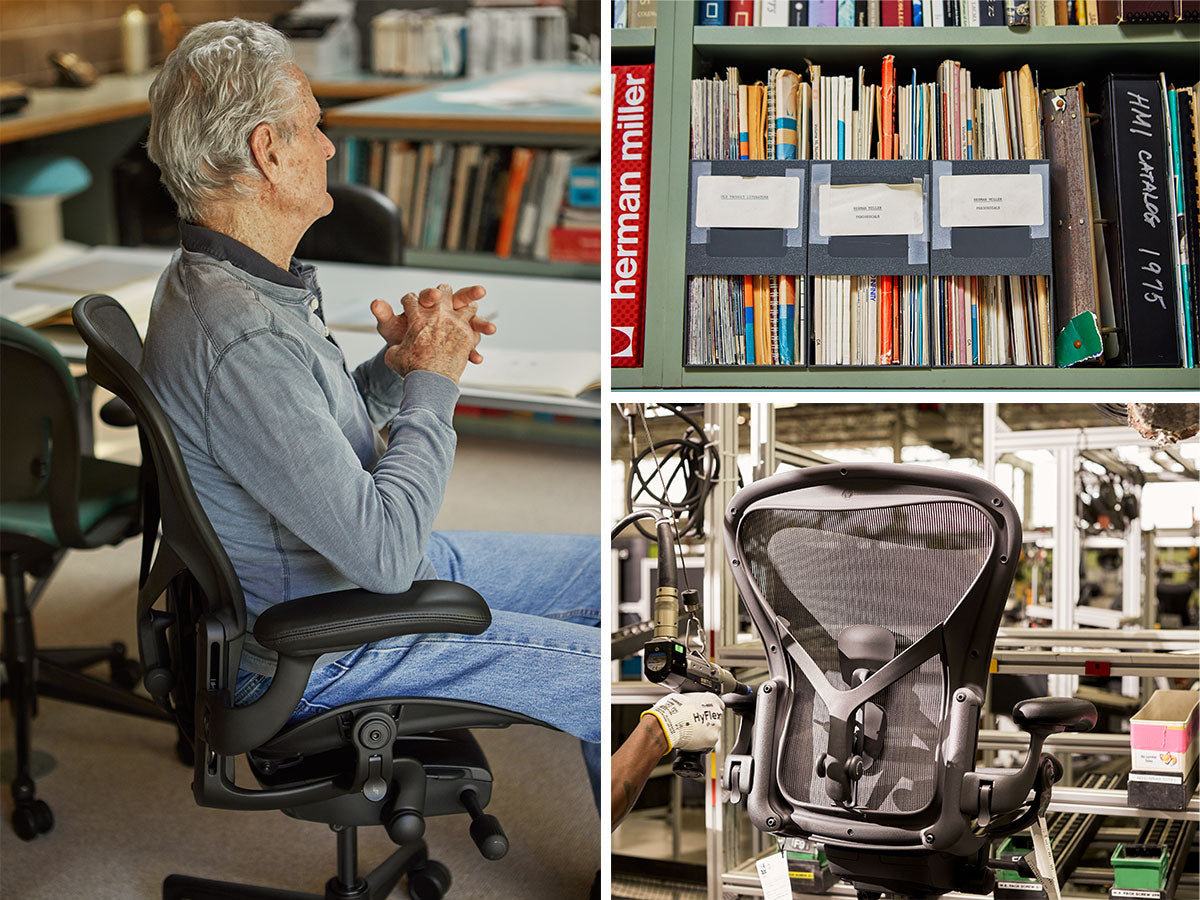 Tre foton i rutformat, inklusive sidoprofil av Aeron-designern Don Chadwick i en Aeron-kontorsstol, hylla med dokument om design och ergonomi och slutligen en Aeron under tillverkning