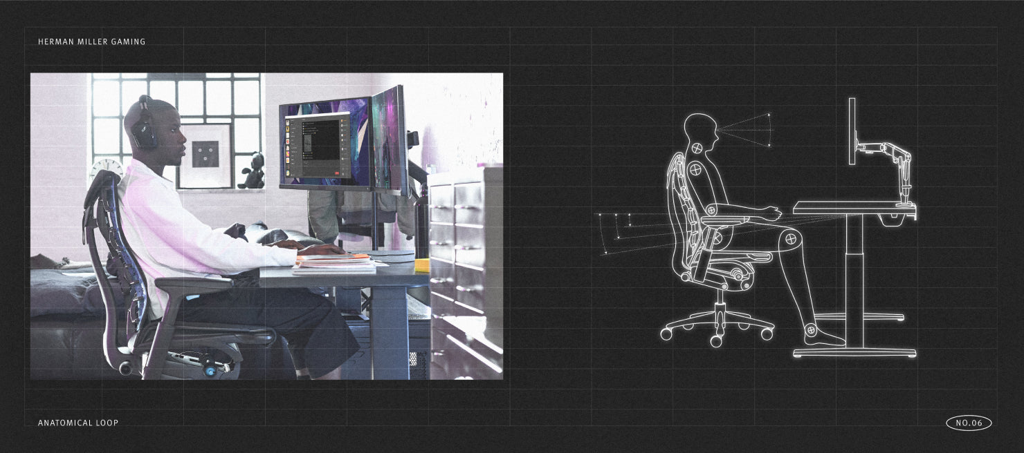 Foto av person som sitter i optimal position för gaming bredvid mekanisk diagram över person i korrekt optimal position