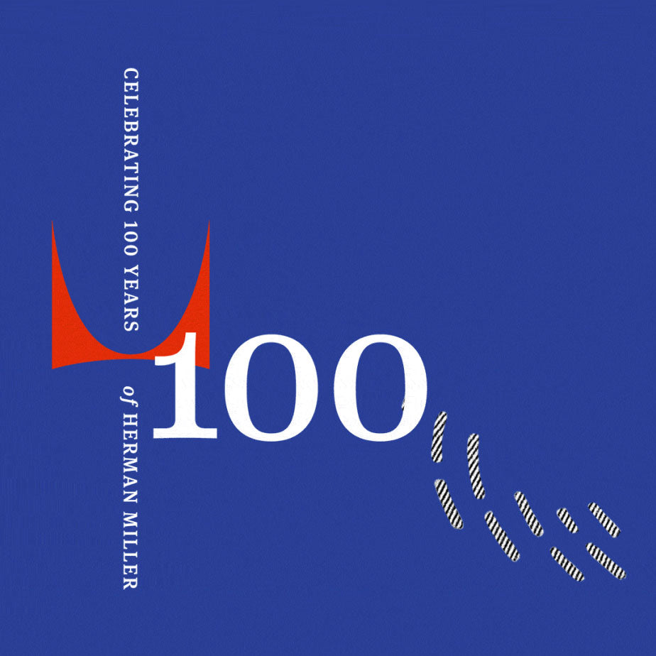 Grafisk bild som firar 100 år med Herman Miller – blå bakgrund med siffran 100 och text