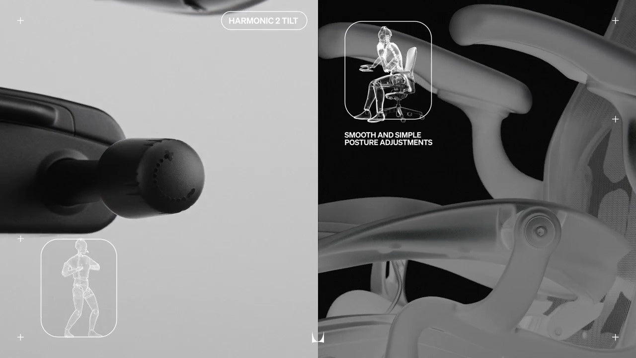 Närbild av tiltmekanismen på Aeron-stolen bredvid en röntgenbild av stolen lutad bakåt med texten ”Harmonisk tilt 2” och ”Smidiga och enkla justeringar av sittställningen”.