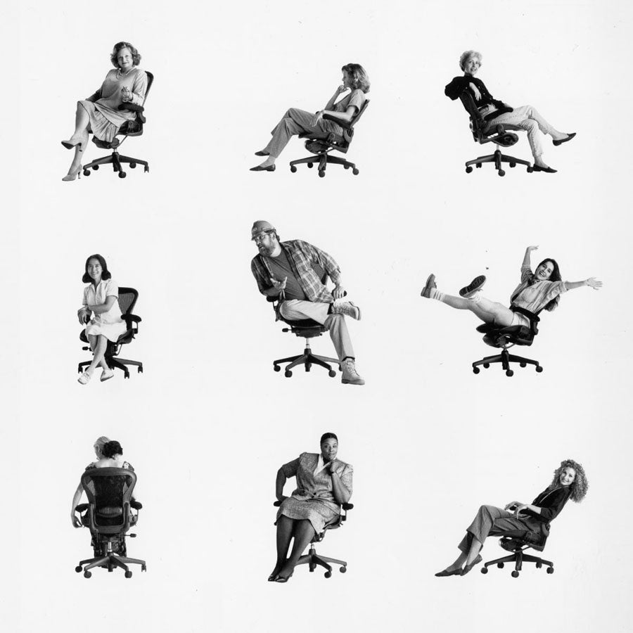 Bild i rutnät med nio mindre bilder av olika personer sittande i Icon Herman Miller Aeron-stolar
