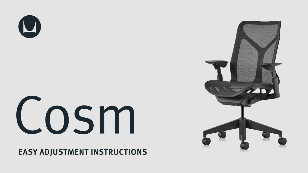 En video som visar de tekniska justeringsfunktionerna hos en Herman Miller Cosm-kontorsstol, inklusive justering av sitthöjd och armstöd.