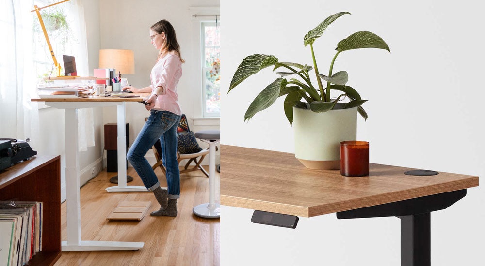 Collage som visar en kvinna som står vid ett Jarvis sit-stand-skrivbord i ett ljust hemmakontor samt en närbild av ett Jarvis-skrivbord med massivt träskiva, svart ram och ben.