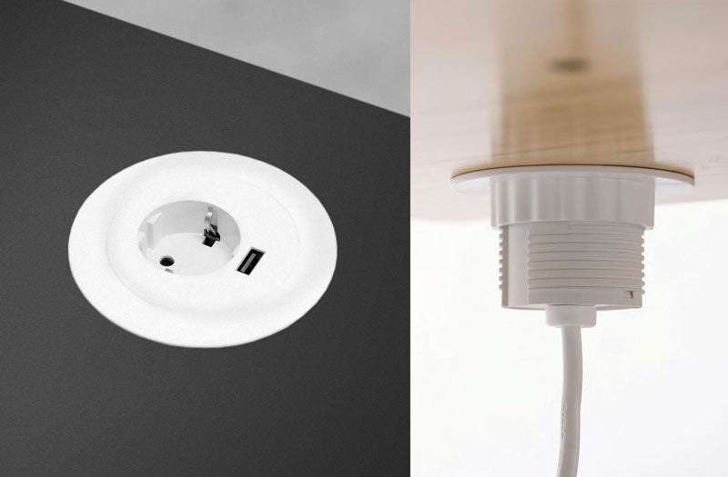 Över- och underifrånvy av en genomföring i ett laminatskrivbord med ett enda eluttag och USB-anslutning.