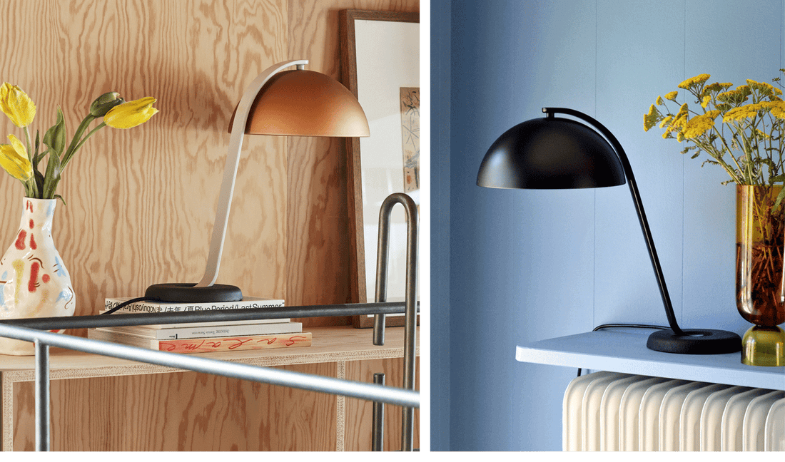 Två bilder av HAY:s eleganta kupolformade lampa Cloche i mässing och svart.