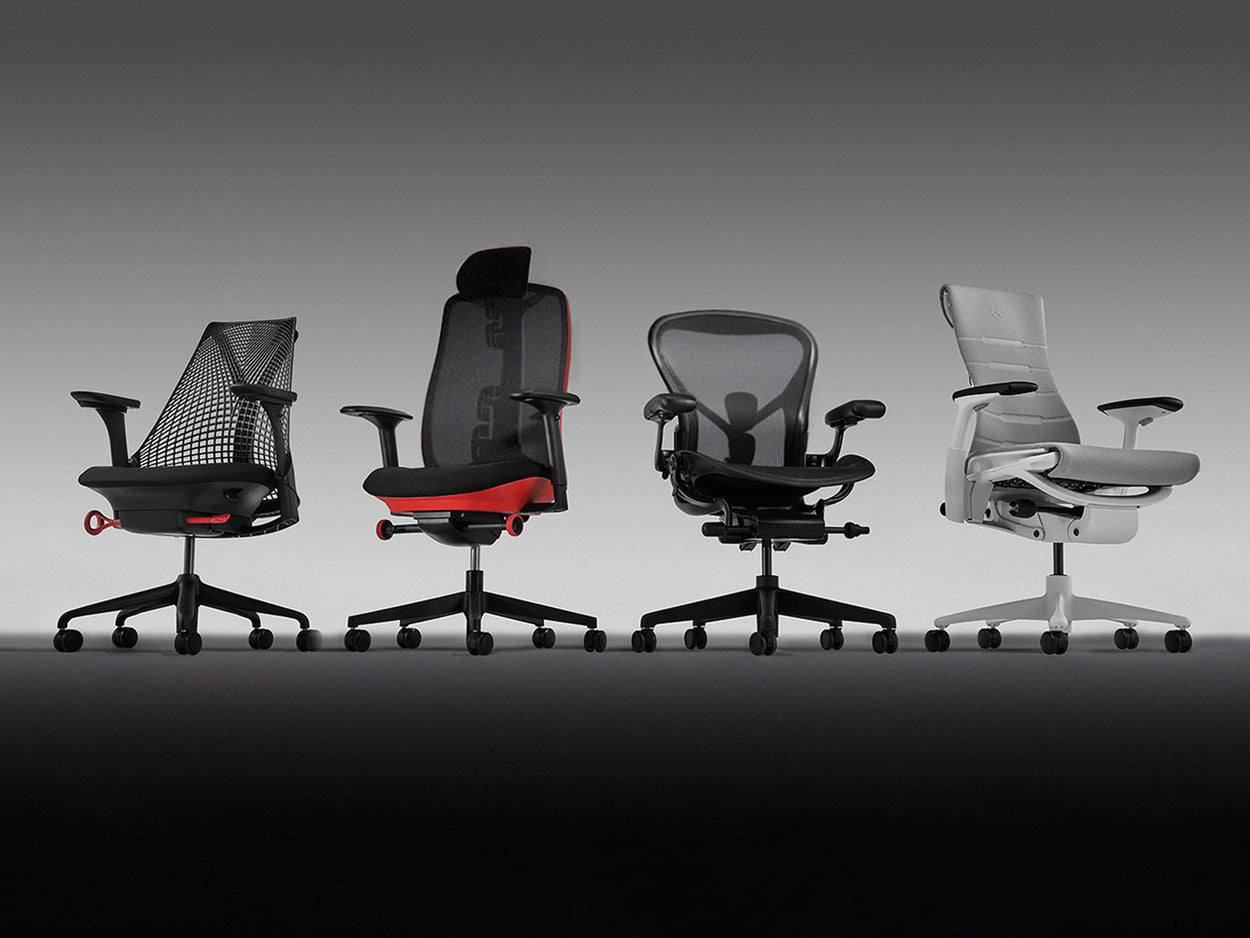 En 4x3-uppställning av Herman Millers ergonomiska gamingstolar. Modellerna är Sayl, Vantum, Aeron och Embody Gaming.