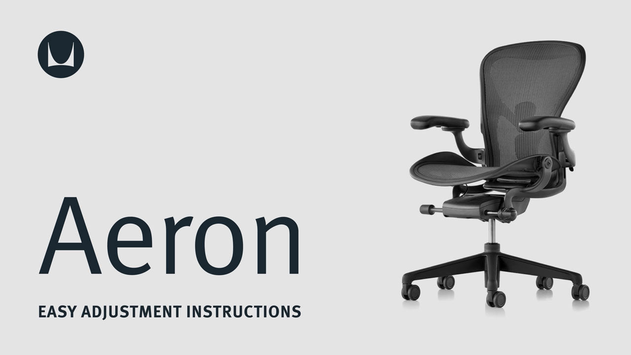 En video som visar de tekniska justeringsfunktionerna på en Aeron-kontorsstol från Herman Miller, inklusive sitthöjd, lutningsbegränsare, ryggstöd, armstödjustering och framåtlutning.