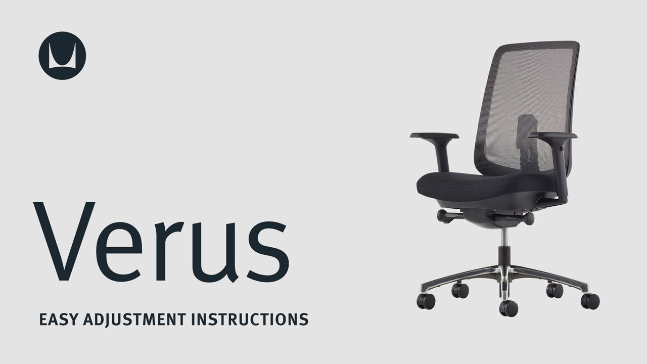 En video som visar de tekniska justeringsfunktionerna hos en Herman Miller Verus kontorsstol, inklusive sitthöjd, sittdjup, lutningsspänning, lutningsbegränsare, ryggstödsjustering och armstödjustering.