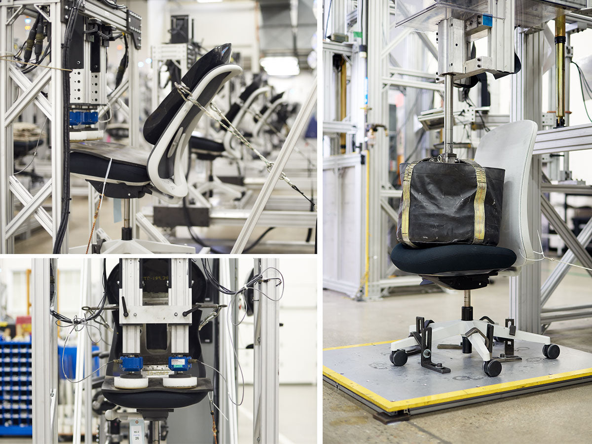 Tre foton som visar några av de kvalitetstester som Herman Millers stolar genomgår i testlaboratoriet